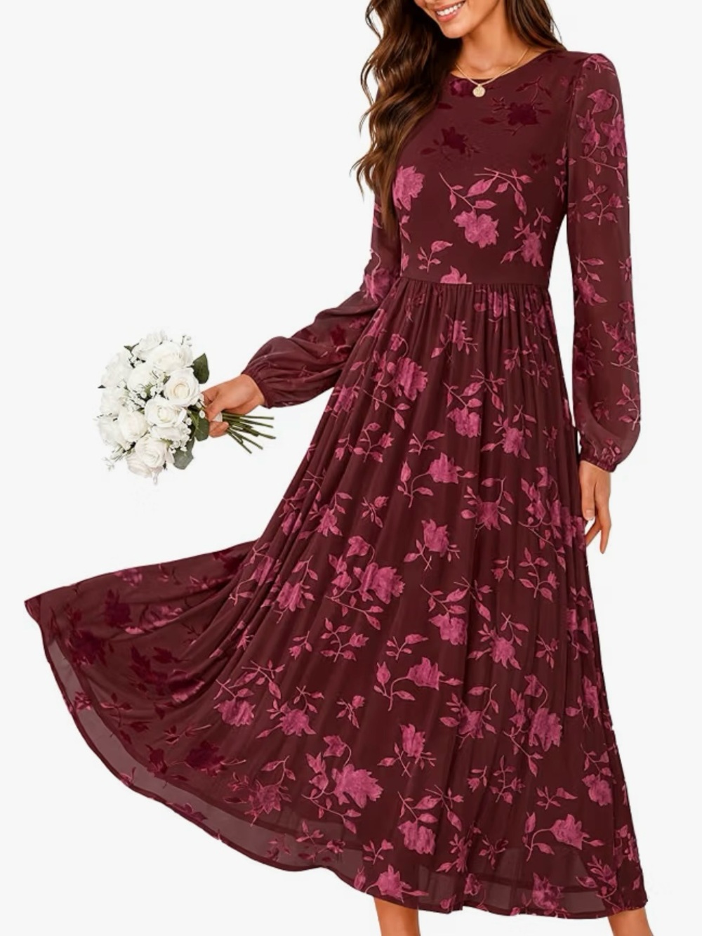 ZESICA FLORAL DRESS | Women’s Long Sleeve Maxi - Wine Red